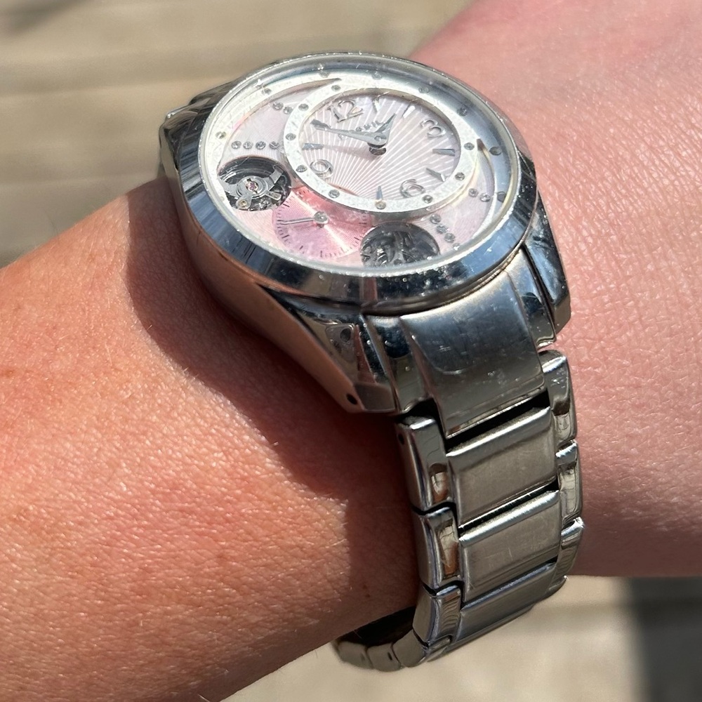 Vintage Y2K Fossil ME1008 Crystal Pink Exposed Mechanic Twist Semi Auto Watch